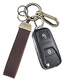 Teskyer Genuine Leather Car Keychain - Heavy Duty Key Chain with Spring O Ring, Anti-Lost D-Ring and Carabiner Clip for Home & Car Keys - Coffee Leather & Bronze Metal