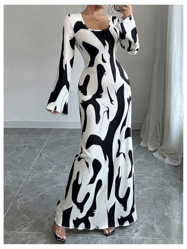 Floerns Women's Graphic Bell Sleeve Long Dresses Square Neck Fishtail Evening Party Dresses2