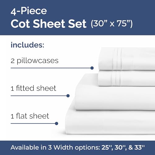 Image of Cot Sheet Set, 30 inch x 75 inch - Easy-Fit Cot Size Mattress Sheets - White | Ideal for Narrow Twin, Camper Bunk, RVs, Twin Bunks, Day Care & Camping Cots, Cot Size Fitted Sheet fits 6 inch to 10 inch Mattresses