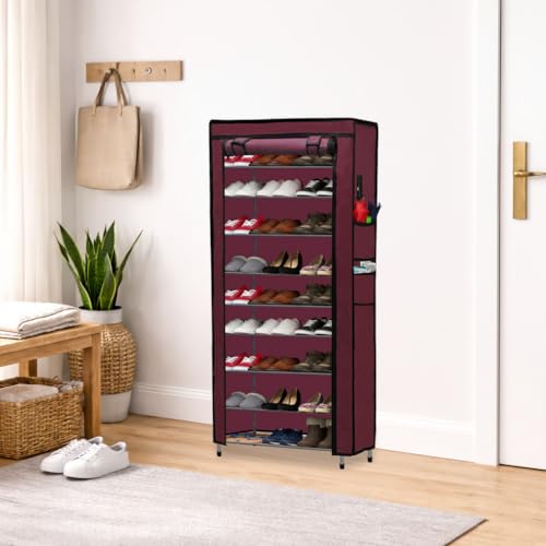 Image of Metal Shoe Stand with Cover, 9 Tier Shoe Organiser for Home & Office - Maroon