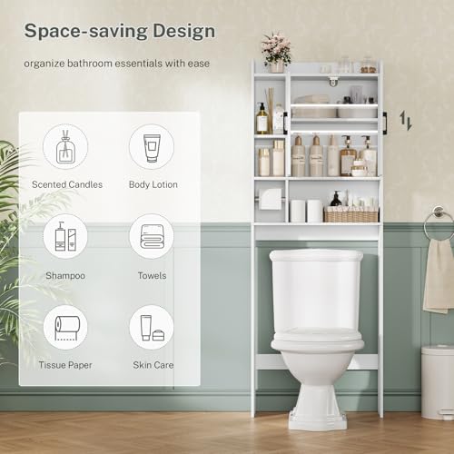Image of TEENFON Over The Toilet Storage Cabinet with 4 Open Shelves and Adjustable Shelf, Extra Tall Bathroom Organizer Unit with 2 Barn Doors, Home Space Saver for Bathroom, Laundry Room, White