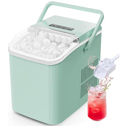 Sweetcrispy Countertop Ice Maker with Scoop, Basket and Handle, Portable Ice Machine 9 Ice Cubes Ready in 6 Mins, 26.5lbs in 24Hrs, 2 Sizes for Home Kitchen Office Bar Party, Green