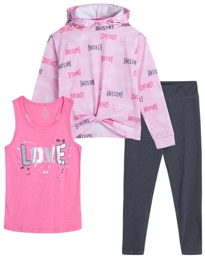 Image of RBX Girls Pants Set - 3 Piece Active Fleece Tank Top Pullover Girls Hoodies and Kids Leggings Athletic Set (7-14)