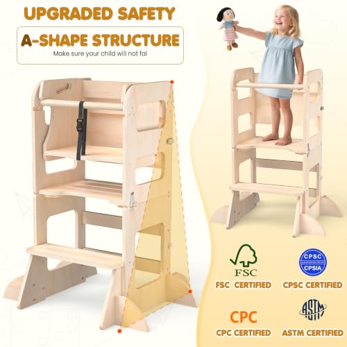 Image of Toddler Standing Tower Anti-Tip Wooden Kitchen Step Stool，Wood