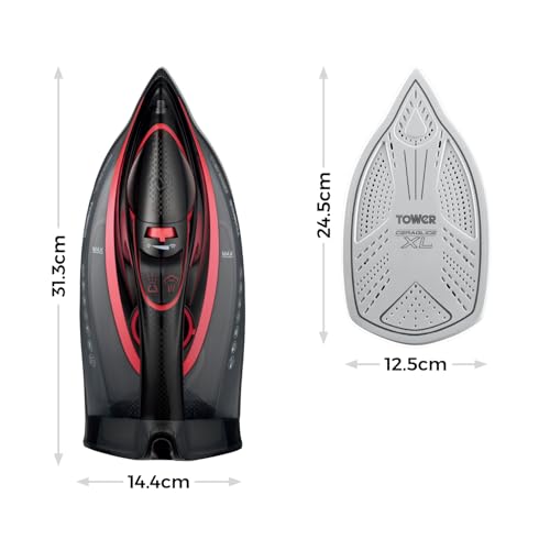Tower T22032RED Steam Iron with Ceraglide XL Ceramic Soleplate, Adjustable Temperature Control, Anti-Drip & Anti-Calc, Auto Shut Off 350ml Water Tank, 3100W, Red & Black