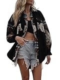 Yinawsky Women's Casual Fleece Jacket Tribal Aztec Shirt Jacket Long Sleeve Button Down Jacket Loose Shacket Outwear(0210-black-S)