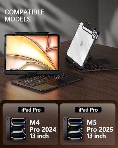 Image of Intermerge for Clear iPad Pro 13(M5,2025 / M4,2024) Case with Keyboard,360 Rotatable Multi-Touch Trackpad,7-Color Backlit Magnetic Keyboard Case with Pencil Holder and Type-C Charging - Black
