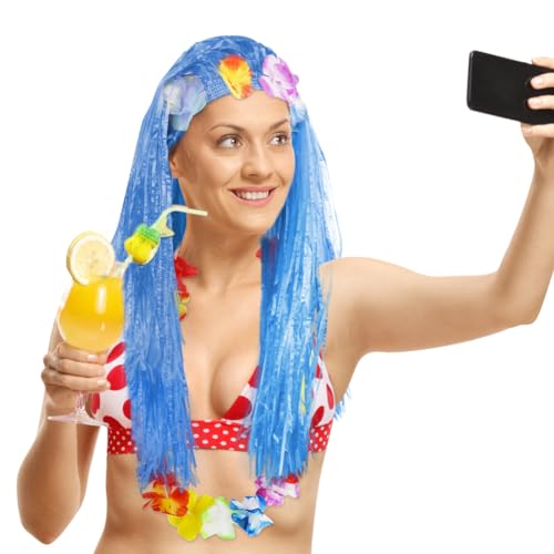 Aomig Hawaii Mottoparty Kostüme Set Rock, Hawaiian Gras Hula Rock Sets, 60cm Lange Hawaiianischer Grasrock mit Halskette Armbänder Haarblume Grasröcke für Cheerleading Strand Party Ostern (Blau)