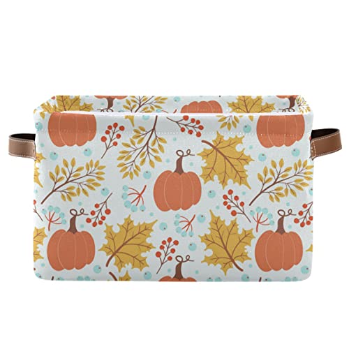 Image of Fall Pumpkin Storage Basket Fabric Storage Bin Laundry Baskets Autumn Maple Leaves Foldable Storage Boxes Organizer Bag for Baby Cloth Dog Toy Book Storage Cubes Shelf Closet Basket 16x12x8 Inches