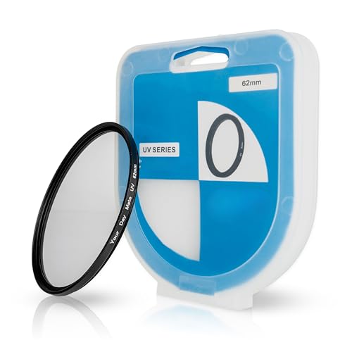 Filtro UV con Estuche, Ø 62 mm, para cámaras de Diferentes Marcas, Filtros de Cristal para el Objetivo de la cámara, Bloquea Rayos ultravioletas, Funda Protectora, Filtro fotográfico UV