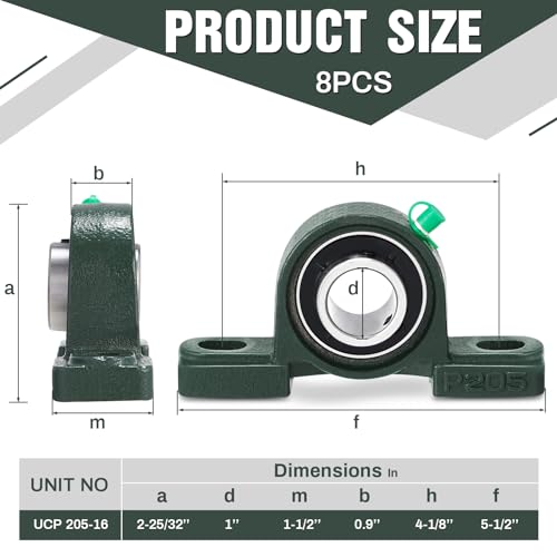 Image of Gisafai 8 Pcs UCP205-16 Pillow Block Bearing with 1 inch Bore Flange Mounted Pillow Block Ball Bearing Self Alignment Cast Iron Housing Steel Unit for Industry, Green