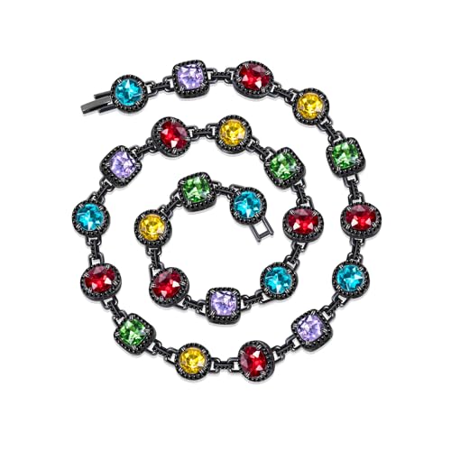 HELLOICE 8.5mm Multicolor Gemstone Chain Necklace for Women Men 20inches 5A Cubic Zirconia Sparky Colorful Geometric Necklace Lead Free Nickel Free Hypoallergenic Statement Gifts