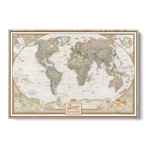 Image of Executive World Push Pin Map - National Geographic Antique Style Canvas Travel Tracker - Large Framed Wall Decor - Natural Float Frame - 30 inch x 45 inch