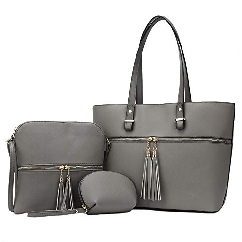 KKXIU Purses and Handbags For Women Tote Shoulder Crossbody Hobo Satchel Bag 3pcs Sets (Grey)