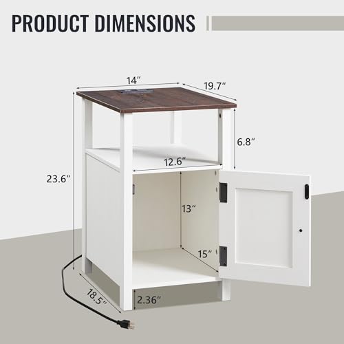 Image of IFBUY Farmhouse Nightstands Set of 2, Narrow Bedside Table with Charging Station, Night Stand Set 2 with Storage & Open Shelf, End Tables w /Groove Barn Door for Bedroom, Living Room-Antique White