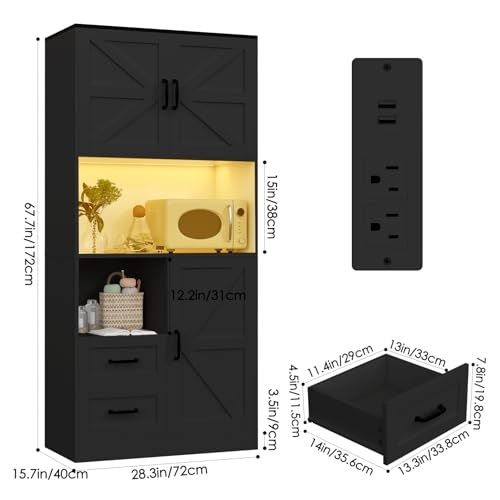 Image of Kitchen Pantry Storage Cabinet with LED Lights and Power Strip, Tall Farmhouse Kitchen Pantry with Barn Doors and Drawers, Adjustable Shelves for Dining Living Room (Black)