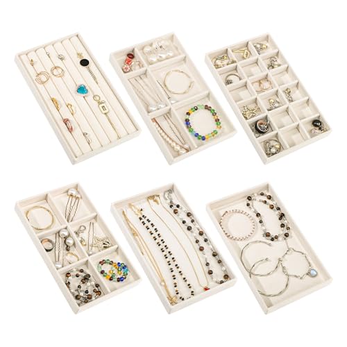 Dntorx Stackable Jewelry Organizer Trays 6 Set of Velvet Jewelry Drawer Insert Sets Organizer Trays Jewelry Display Case Storage with Removable Dividers for Earring Necklace Rings BraceletBeige
