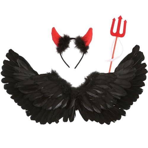GWAWG 3 Pcs Fallen Angel Costume Women - Black Angel Wings and Halo Set with Fairy Wand, Large Angel Wings Fancy Dress Outfit for Carnival, Dress-Up Parties & Balls