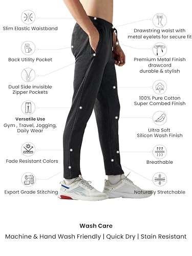 Image of Clans & Hans Men's 100% Pure Cotton Regular Fit Mid Rise Track Pant with Zipper Side Pockets and Back Pocket | Casual Gym Jogging Lounge Wear