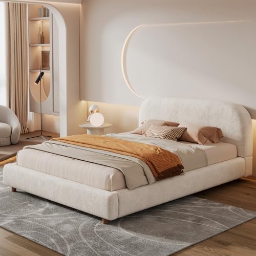 Queen Size Bed Frame, Upholstered Cloud Boucle Platform...
