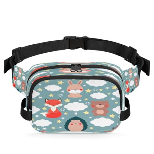 Fox Prickly Clouds Stars Waterproof Fanny Pack for Women Men Adjustable Waist Bag with Double Zipper Pockets Lightweight Square Hip Pack for Running Travel Hiking Workout Cycling