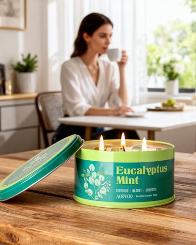 Image of AOOVOO Eucalyptus Mint Candle for Relaxation - 3 Wick 12oz Large Scented Candle with Green Aventurine & Eucalyptus Leaves Inside, Soy Candles Non Toxic for Meditation, Stress Relief, Energy Cleansing