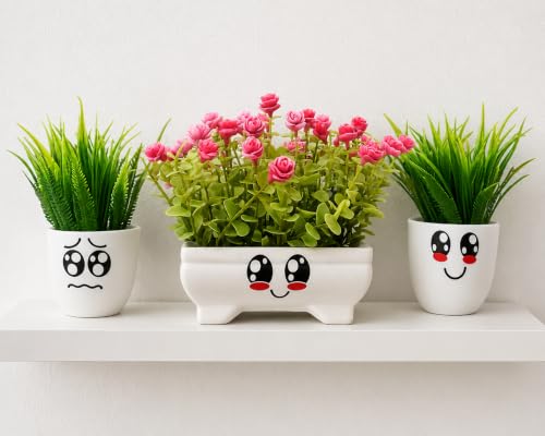 Image of Artificial Plants With Cute Smiley Face Pots Set Of 3 , Faux Green Grass & Pink Flower Pot , Decorative Mini Potted Plants For Home Decor, Office Desk, Living Room, Bedroom, Balcony & Study Table