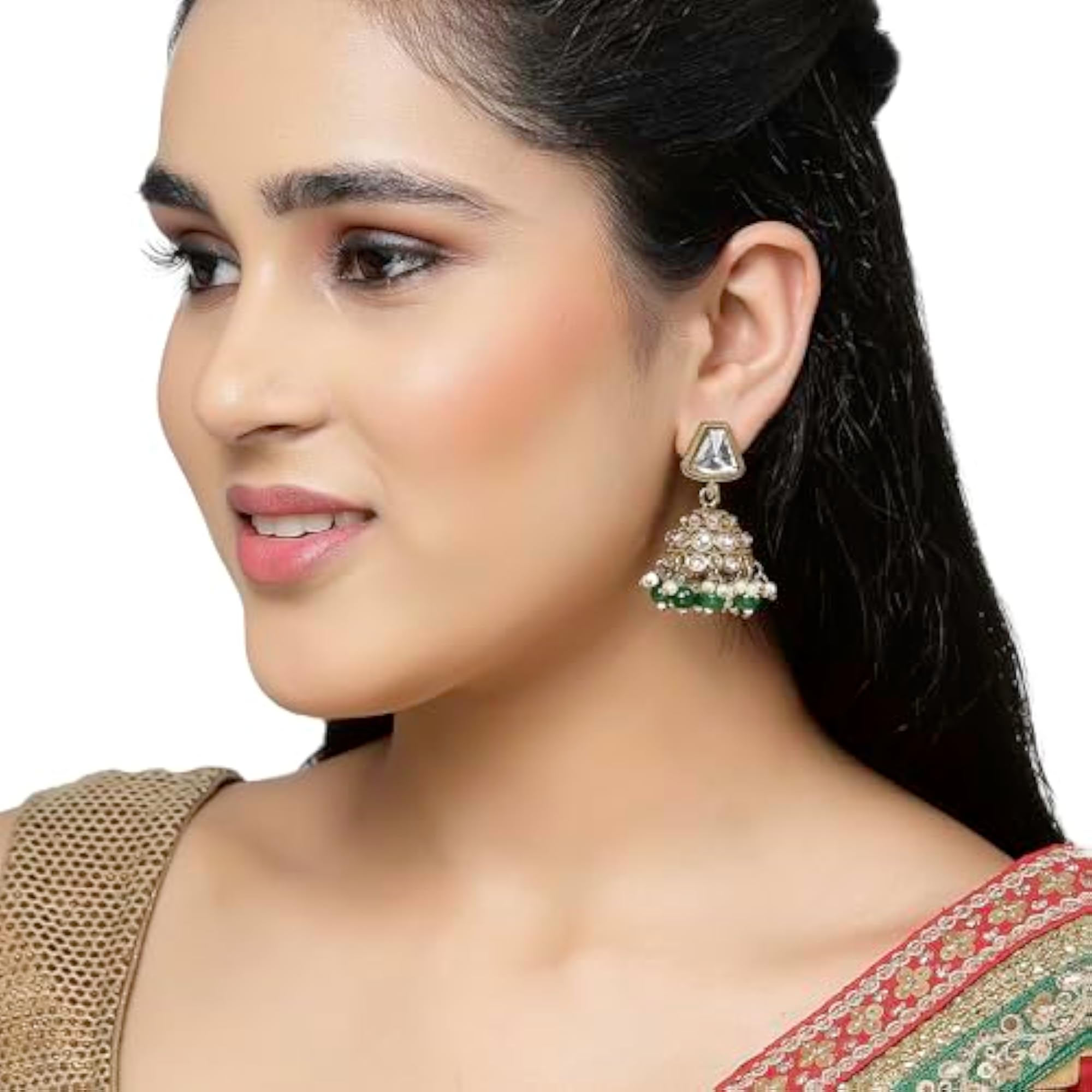 Gold-Plated Kundan & Pearls Dome Mirror Jhumka Earrings