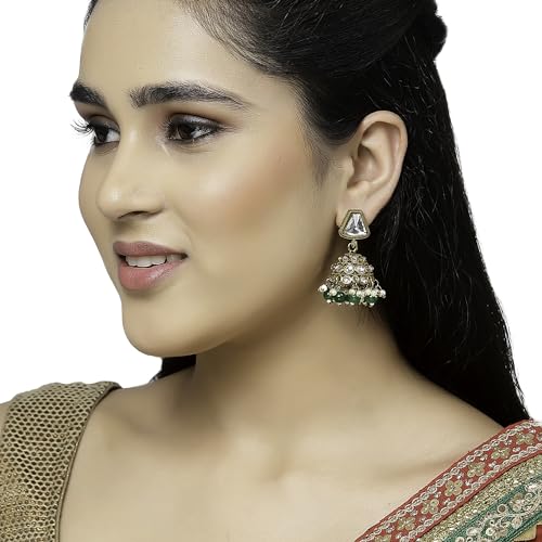 Gold-Plated Kundan & Pearls Dome Mirror Jhumka Earrings