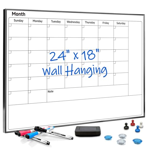 Large 24"x 18" Dry Erase Calendar Board for Wall, Magnetic Whiteboard with Aluminum Frame - Wall Mounted Weekly Monthly Planner for Office Home School