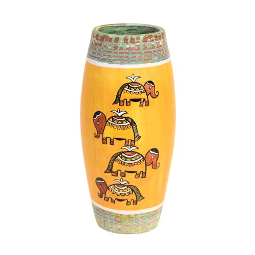 Image of Aakriti Art Creations Happy Elephant Yellow Terracotta Vase | Hand-Painted Madhubani Art Decorative Vase | Matte Finish Flower Vase for Living Room, Table & Floor Decor