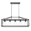 BONLICHT Kitchen Island Lighting 5 Light Modern Farmhouse Metal Cage Chandeliers with Clear Glass Shade Black Industrial Rectangle Dining Room Light Fixture Hanging Pendant Lamp for Foyer Bar Entryway