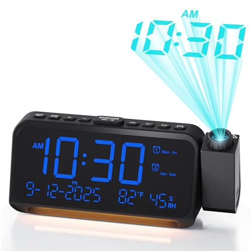 Roxicosly Reloj despertador de radio con proyector de 350°, pantalla digital de techo con 5 reguladores, temperatura, humedad, cargadores USB y tipo C, luz nocturna, fin de semana