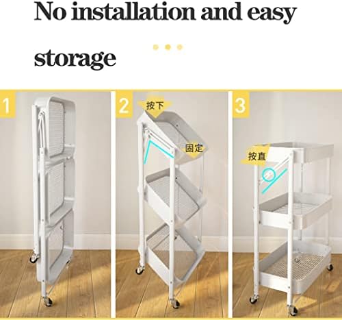Foldable Rolling Cart 3-Tier Metal Storage Organizer Mobile Trolley for Beauty Craft Art Mesh Collapsible Utility Cart with Wheels,Slide Out Storage Cart,Mak image 4