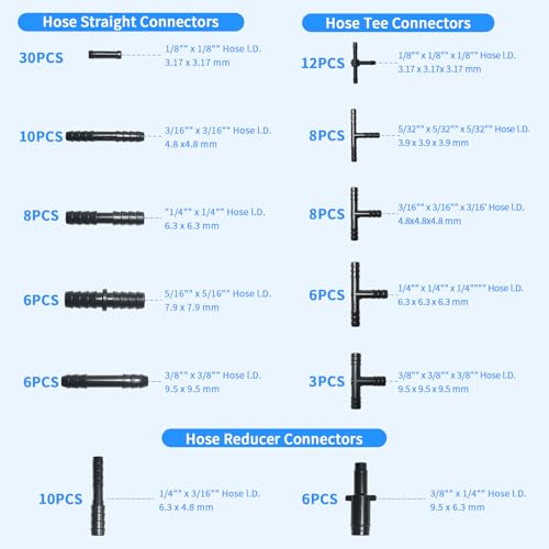 Image of Silicone Vacuum Hose Kit - 6PCS 5FT Vacuum Line (1 /8 inch 5 /32 inch 3 /16 inch 1 /4 inch 5 /16 inch 3 /8 inch) with 113 Nylon Connectors for Automotive Replacement Accessories, Automotive Tubing hose hvac (black)
