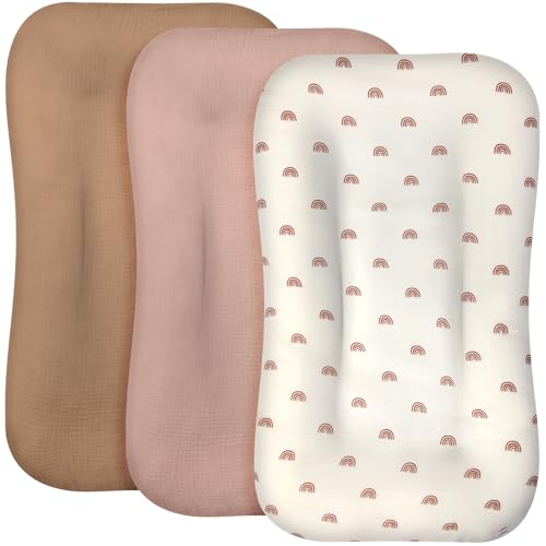 Image of Newwiee 3 Pcs Muslin Baby Lounger Cover Organic Cotton Removable Lounger Cover Soft and Breathable Infant Slipcover Newborn Gifts for Girl Boy(Brown, Khaki, Beige,Rainbow)