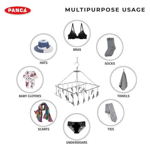 Image of PANCA 25 Clips Stainless Steel Cloth Drying Hanger | Square Clothes Drying Stand with Hooks for Baby Clothes, Undergarments & Small Laundry Items | Space-Saving Hanging Dryer Rack for Home
