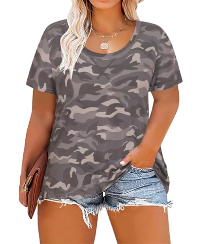 Image of CARCOS Plus Size Tops for Women Short Sleeve Shirt Summer Star /Leopard /Tie Dye /Flower Crewneck Pullover Tunic XL-5XL