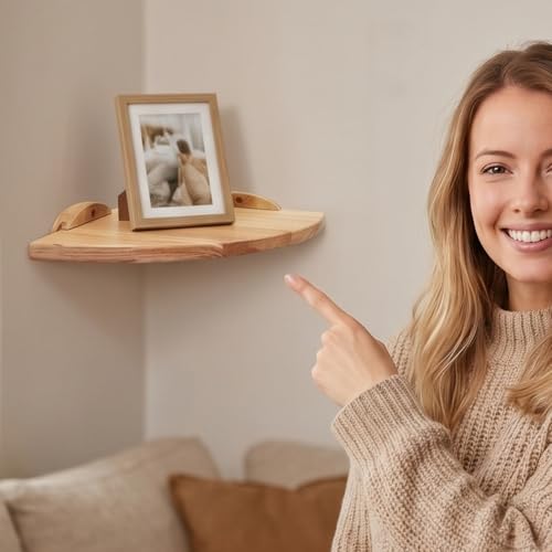 Estante de esquina de madera VANZACK beige triangular para organizar el baño 6
