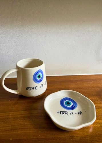 Image of WEAVING HOMES Handcrafted Ceramic Nazar Coffee Mugs and Dessert Plates for Gifting Man and Woman, Tea Cups and Saucers Set of 2 for Best Friend (300 Ml)