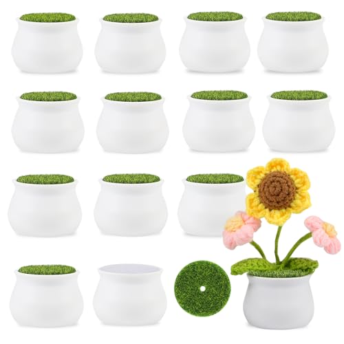 FINGOOO 2 Inch Little White Pots 12 Pack Plastic Plant Pots with Foam and Simulated Lawn for Crochet Flowers Knit Plants DIY Craft Home Desk Decor