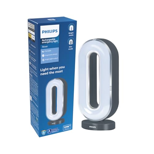 Image of PHILIPS Rover 10W Rechargeable LED Emergency Light | 800 Lumens | 2500mAh Battery | Type-C Fast Charging | 2 Brightness Modes | Up to 1.5H Backup | Ergonomic Handle, Portable | Grey, Pack of 1