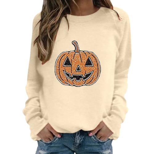 Halloween Sweatshirt for Women Novelty Rhinestone Pumpkin Graphic Sweatshirt Crew Neck Spooky Season Pullover Tops - image 1