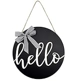 AuldHome Rustic Hello Door Hanger (12-Inch): Round Wood Plaque with Checkered Bow