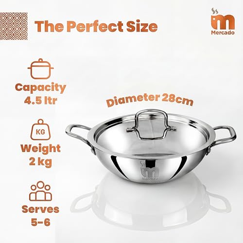 Image of Mercado Triply Stainless Steel Kadhai 28 cm (4.5L) with Lid | SS304 Food Grade | Even Heat Distribution | Deep Frying & Cooking | Induction & Gas Compatible I 5 Years Warranty