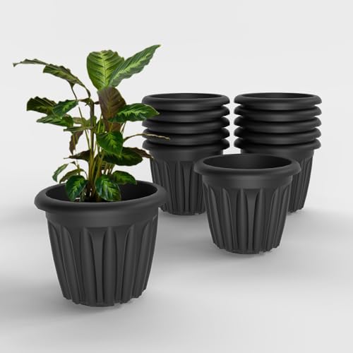 Image of YUCCABE ITALIA SHERA Floot Plastic Flower Pot Round Planter Suitable for Indoor Outdoor Kitchen Garden (Grey, 12 INCH - 12 Pcs)