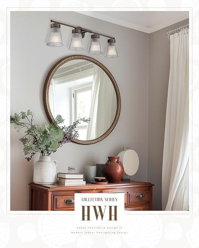 Image of 4-Light Bathroom Vanity Light, HWH Oil-Rubbed Bronze Bathroom Light Fixtures Farmhouse Vanity Lamp Over Mirror with Clear Striped Glass Shade, 5HZG97B-4W ORB