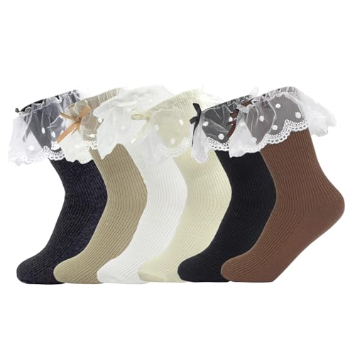 Image of 6 Pairs Womens Bow Socks Ruffle Casual Crew Socks, Cute Lettuce Edge Socks, Soft Breathable Cotton Frilly Dress Socks