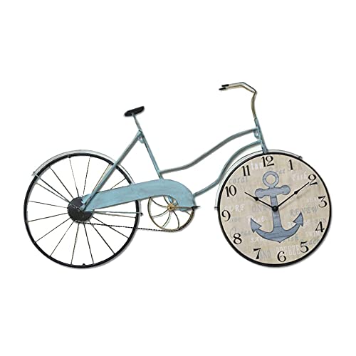 DANADESK Vintage Bike Style Wall Clock, Large Metal Frame Wood Dial Silent Hanging Wall Clock Non-Ticking Mediterranean Decor Quartz Clock (Color : Blue, Size : 33x20 Inch)