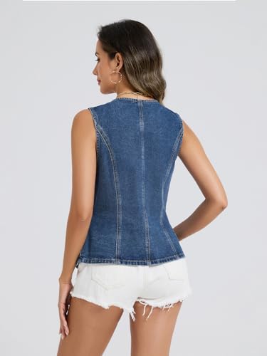 Denim Vest Top for Women Sleeveless Blazer Jean Vest Button Down Crewneck Waistcoat Tank Top4